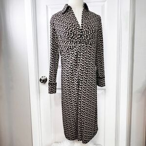 Travelsmith | Black dress with brown tan polka dots | long sleeve | Sz SP